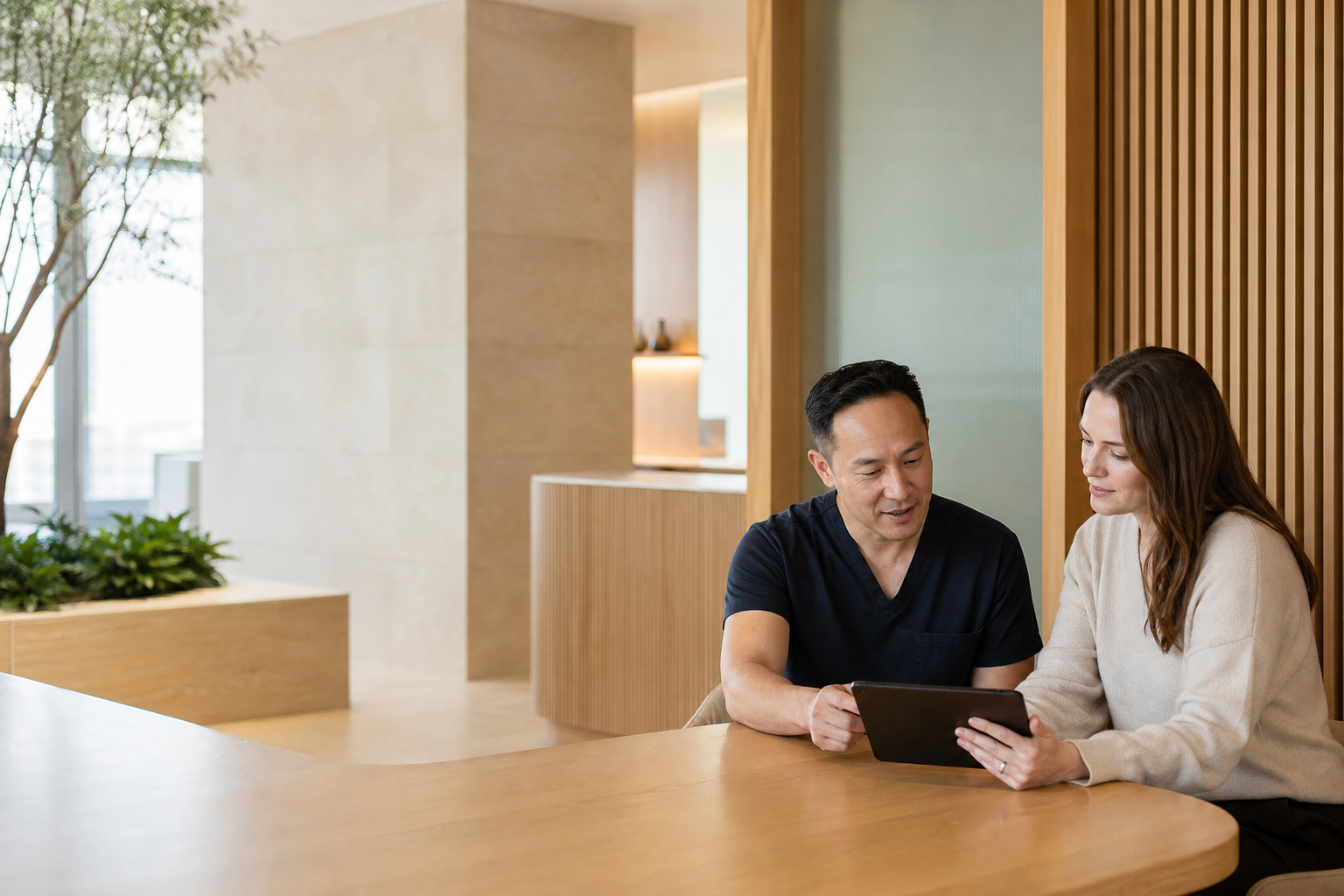 Dental team members talking over a tablet in a modern clinic