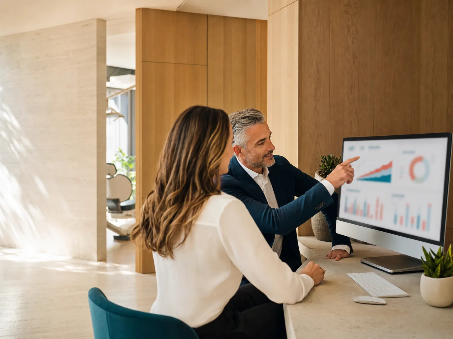Practice owner and advisor reviewing an analytics dashboard