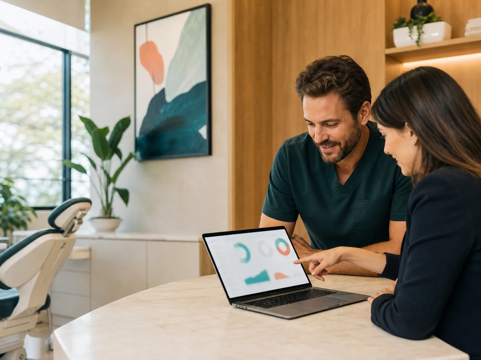 Dental practice owner and advisor reviewing a campaign dashboard