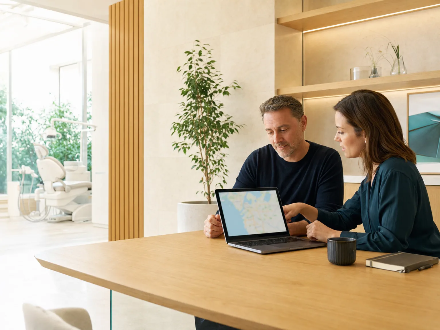 Dental practice owner and advisor reviewing a local search map